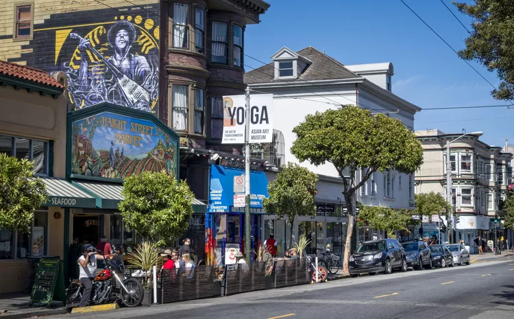 A busy sidewalk in the Haight-Ashbury area of San Franciso, CA