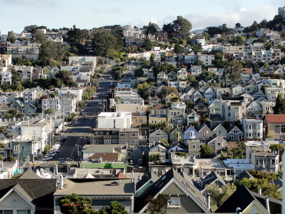 A sky view of a neighborhood in the  Noe Valley region of San Francisco
